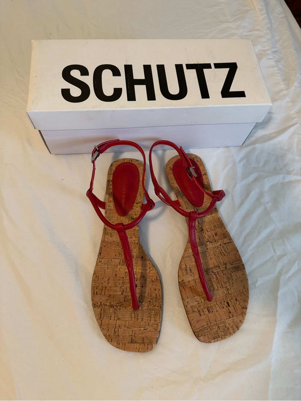 SCHUTZ Red Cork T-Strap Elsha Sandals with Adjustable Ankle Strap